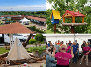 Eine Bildercollage zeigt vier Fotos des Hoffestes: eine Luftaufnahme des Geländes, ein Vogelhaus, ein Stoffschiff und den Auftritt des Gute Laune Chors.