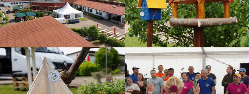 Eine Bildercollage zeigt vier Fotos des Hoffestes: eine Luftaufnahme des Geländes, ein Vogelhaus, ein Stoffschiff und den Auftritt des Gute Laune Chors.