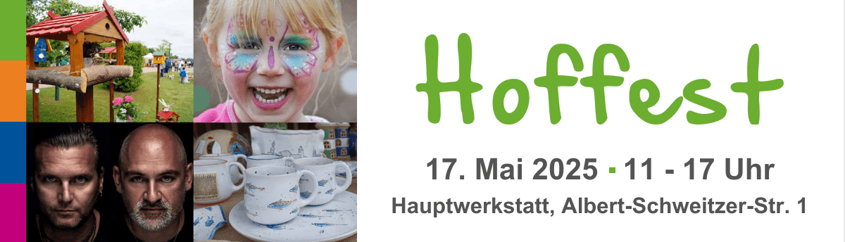 Die Grafik bewirbt das Hoffest der Stralsunder Werkstätten, welches am 17.05.2025 in deren Hauptwerkstatt stattfindet.