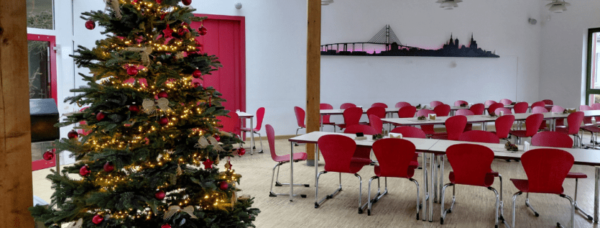 Im Speisesaal der Stralsunder Werkstätten steht ein geschmückter und beleuchteter Weihnachtsbaum.